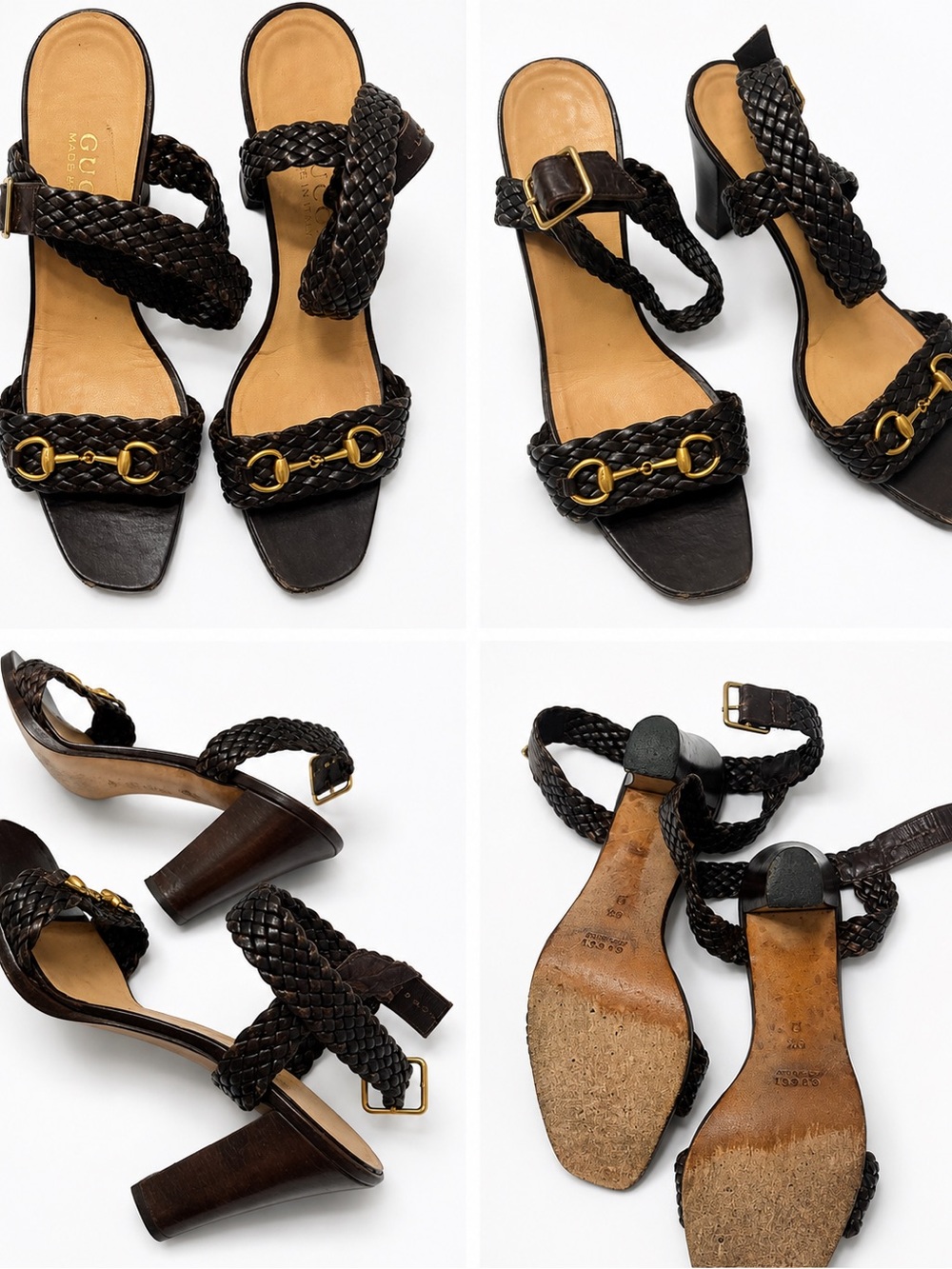 Gucci Dark Brown Braided Leather Mid Heel Sandals with Gold Hardware